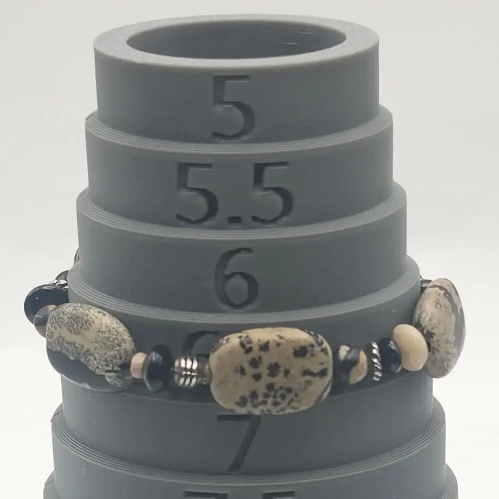 Dalmatian Jasper Bracelet Black Tan Spotted Beaded Stretch Boho Jewelry 7 Inch